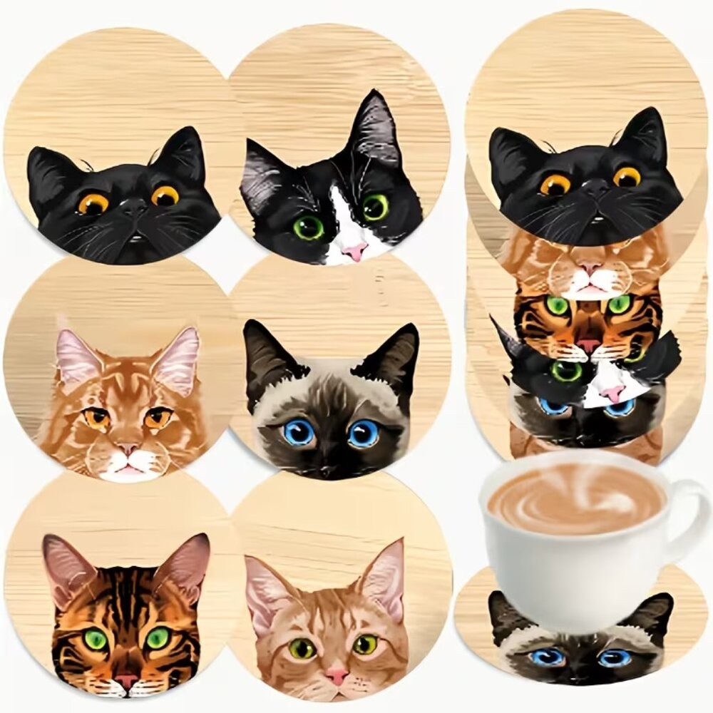 (6 Pc) Cute Cat Heads Wooden‎ Coaster Set (NEW & SO CUTE!)